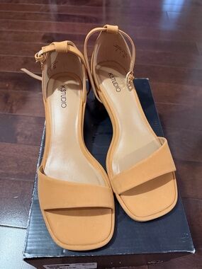 Studio Tan-Ankle Strap Square-Toe Sandals
